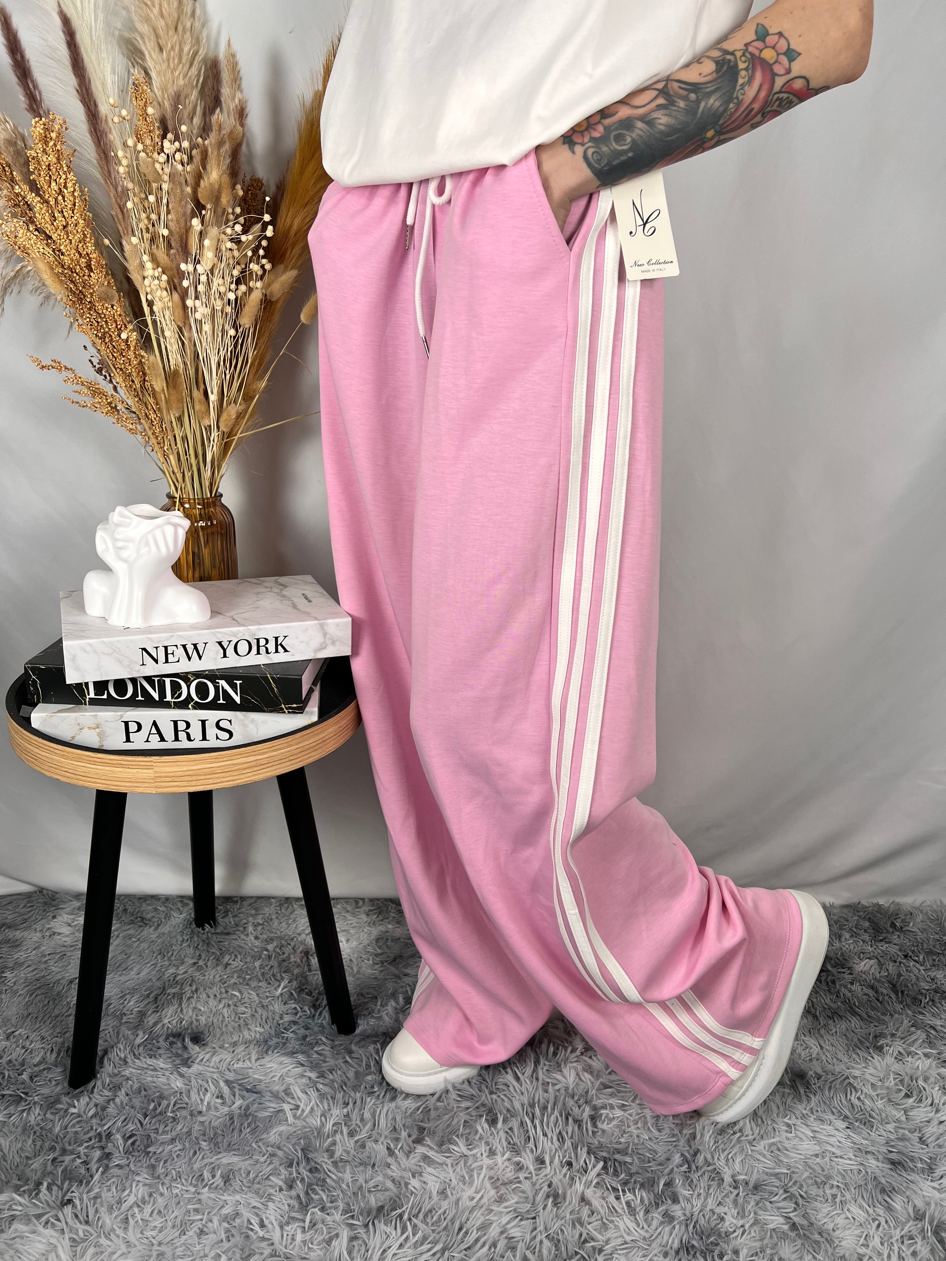 Pantalone rosa fasce bianche